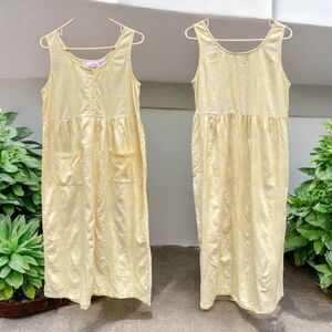 Vtg SITA Butter Yellow Sundress M 100% Cotton Cottagecore Plaid Texture Pocket